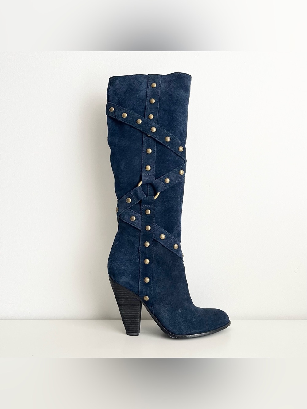 Carlos Santana Women's Studded Strappy Suede Boots Size 6 Blue Rocker Chic